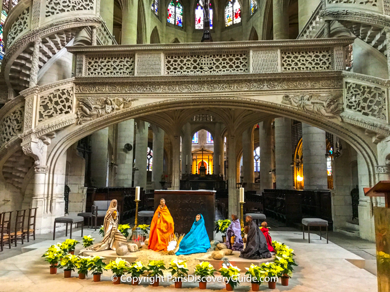 Christmas nativity scene at Saint-Etienne-du-Mont Church behind the Pantheon in the Latin Quarter