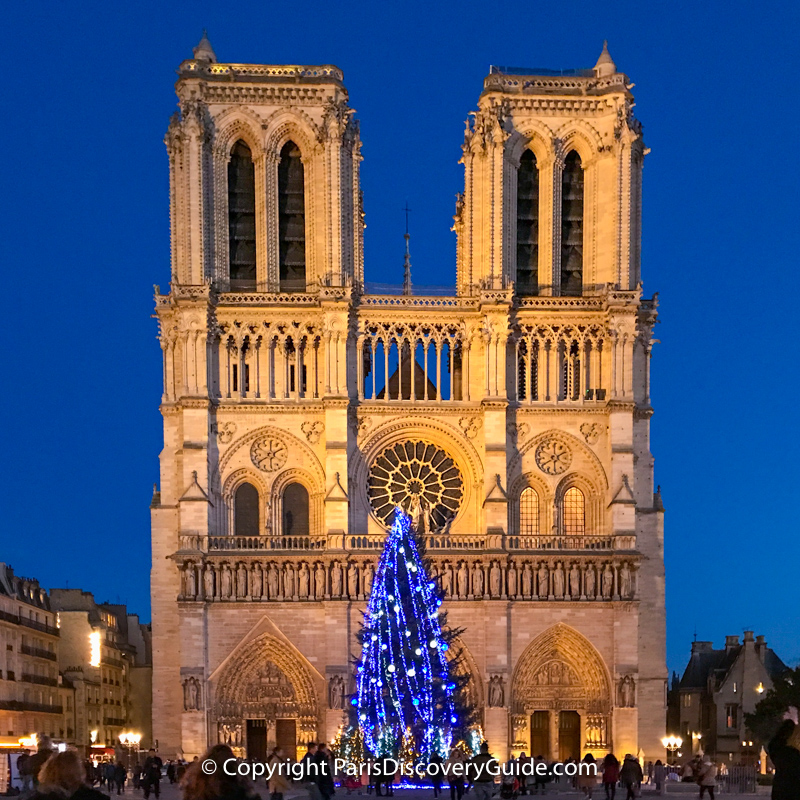 Christmas tree in front of Notre Dame Cathedral in Paris