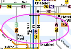 Bus line map for Ile de la Cite