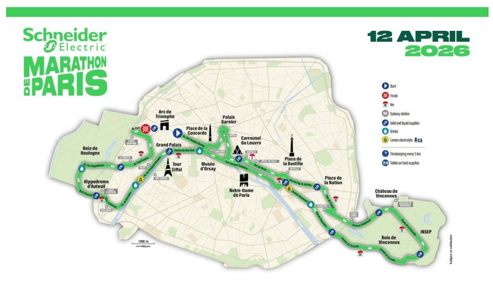 Paris Marathon race course, with markers showing miles and kilometer