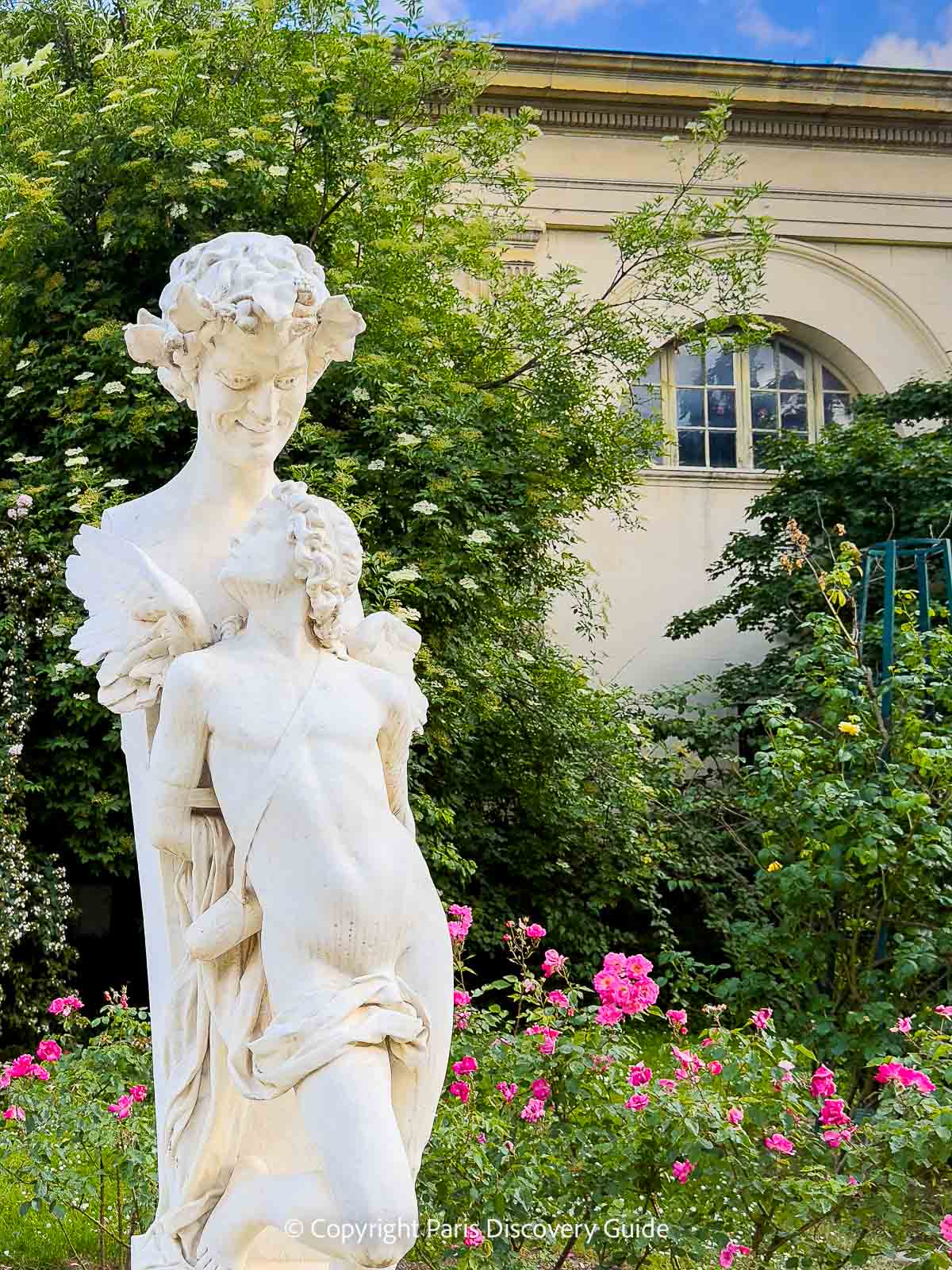 Captive Love, a commissioned 1867 sculpture by French artist Félix Sanzel in Jardin des Plantes' rosarie