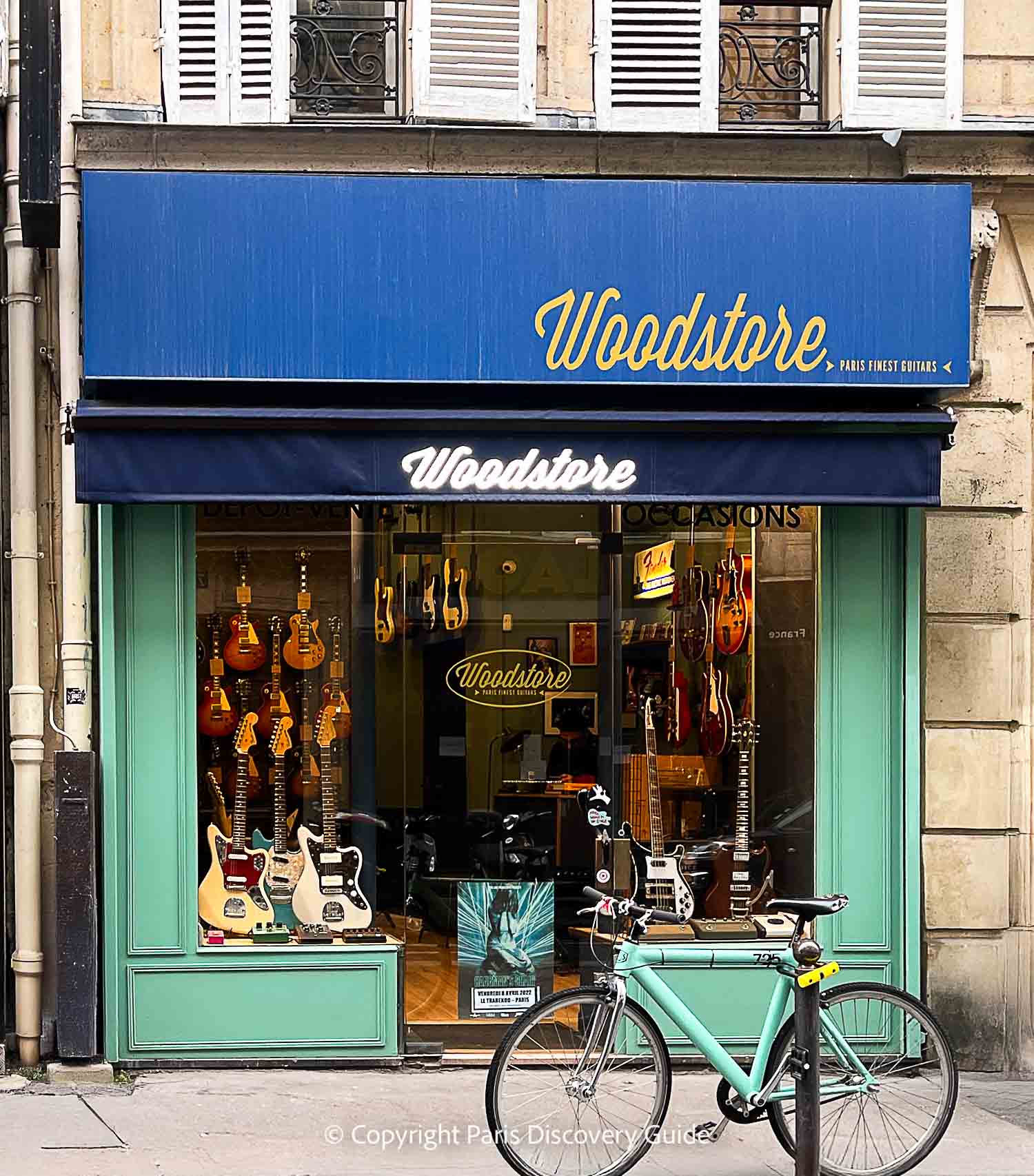 Vintage guitar store near the hotel on Rue Victor Massé