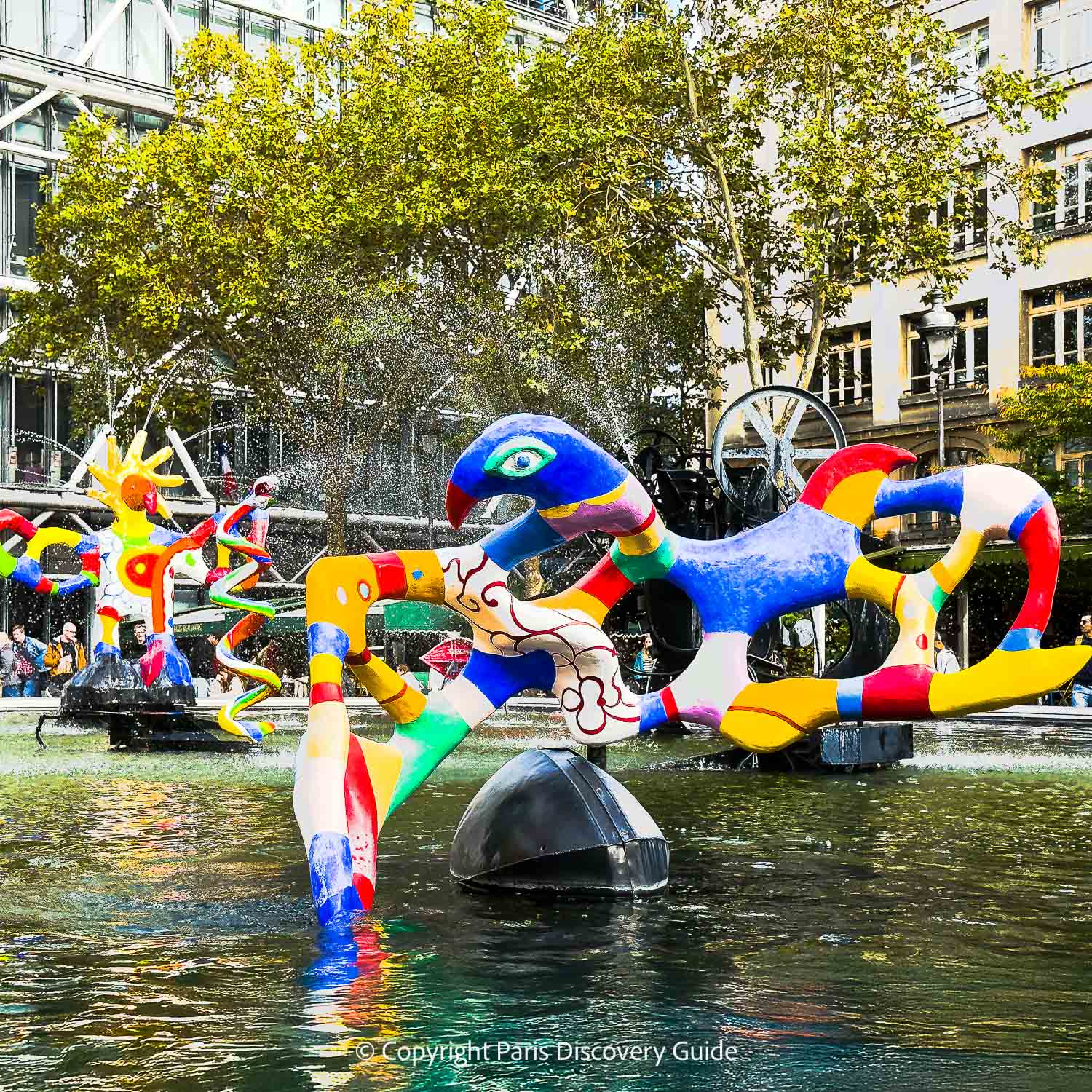 The 16 sculptures in the Stravinsky fountain designed by jean Tinguely and Niki de Saint Phalle represent themes the composer's musical compositions The 16 sculptures in the Stravinsky fountain designed by jean Tinguely and Niki de Saint Phalle represent themes the composer's musical compositions