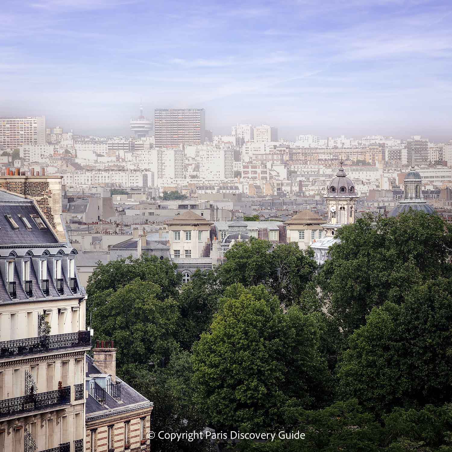 View of Île Saint-Louis and the Marais from the rooftop terrace at Institut du Monde Arabe