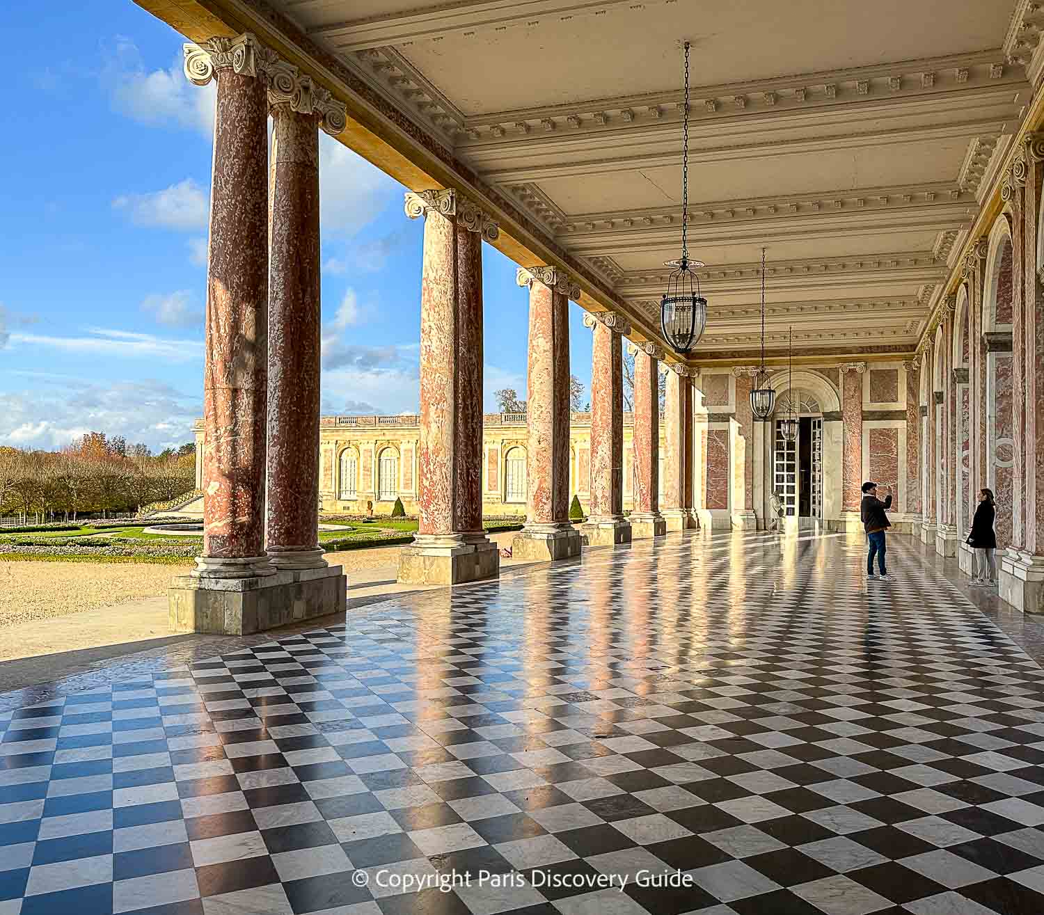 The covered arcade at the Grand Trianon, one of the two smaller palaces on the Estate of Versailles