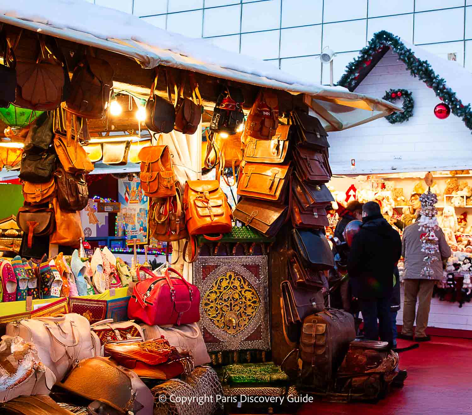Leather bags and slippers from Morocco at the La Defense Christmas Market