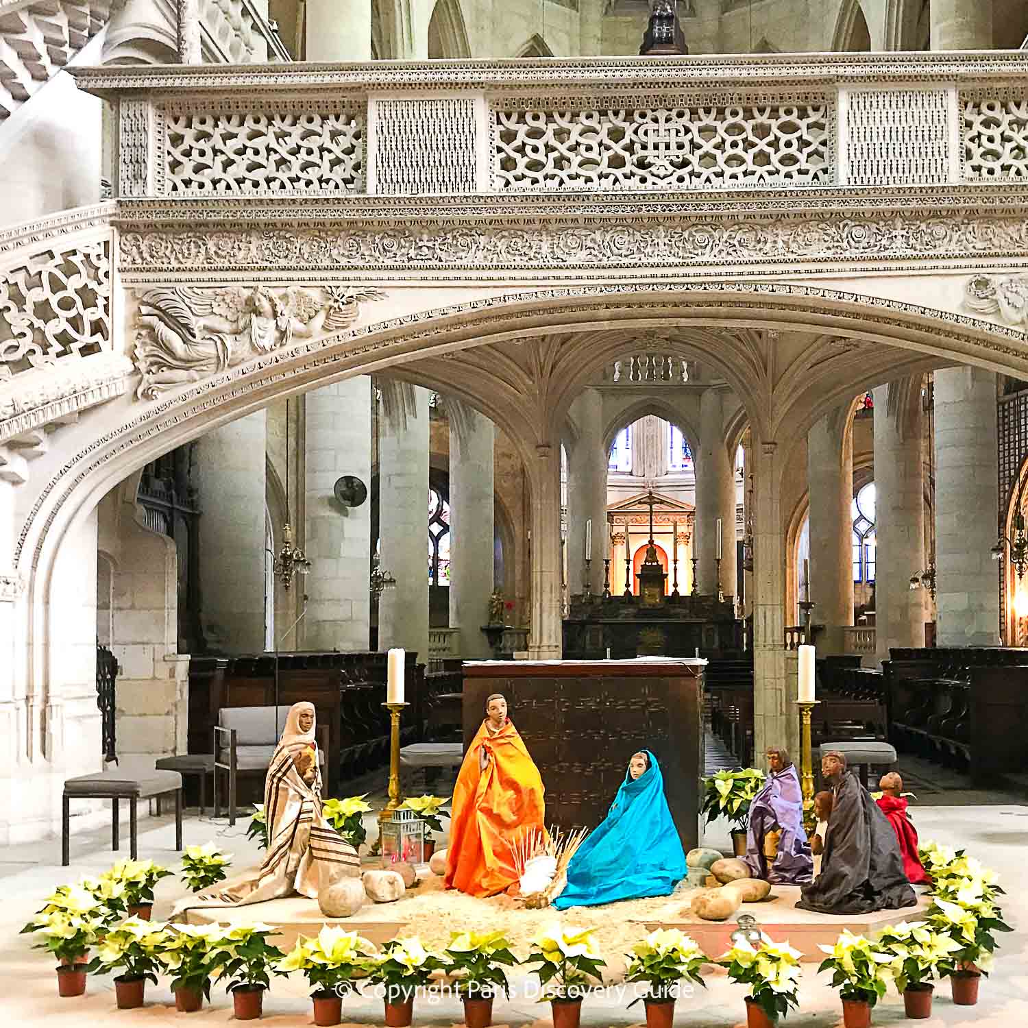 Christmas nativity scene at Saint-Etienne-du-Mont Church behind the Pantheon in the Latin Quarter