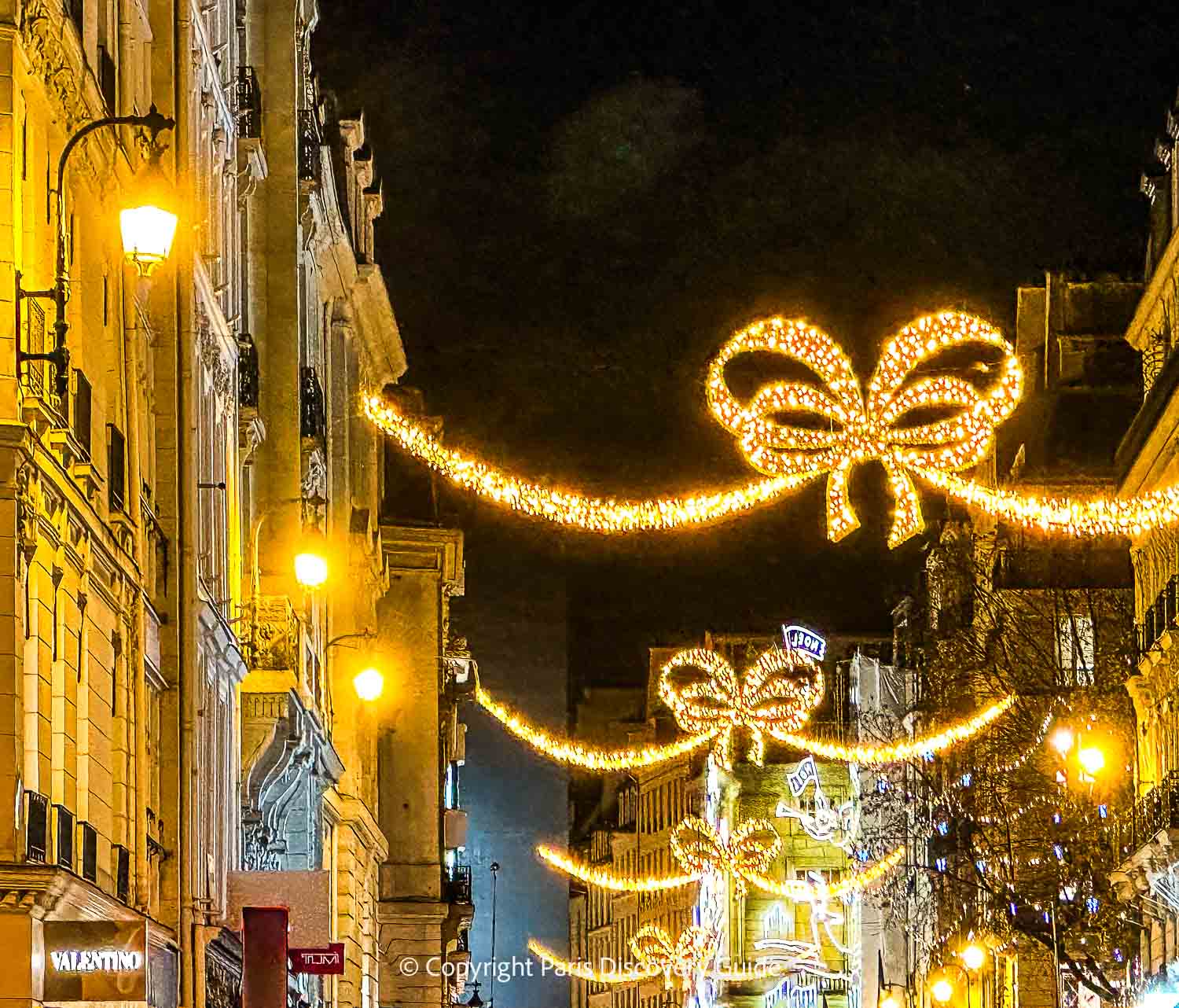 Holiday decorations along Rue Saint-Honoré near Place Vendome