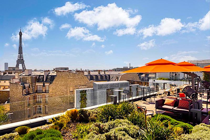 View of the Eiffel Tower from the rooftop terrace and bar at Canopy Hotel Trocadero