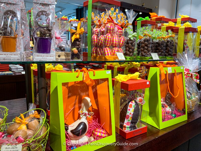 Easter chocolates displayed in Foucher chocolatier Foucher in Paris