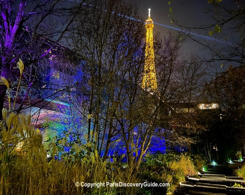 View of the Eiffel Tower from Musée du Quai Branly's garden