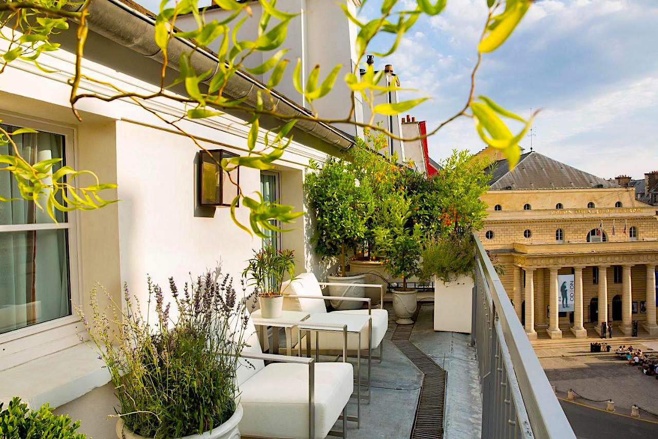 Hotel Baume guestroom balcony overlooking the Odeon Theatre in Paris's Latin Quarter Hotel Baume guestroom balcony overlooking the Odeon Theatre in Paris's Latin Quarter