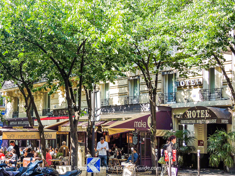 Hotel Convention Montparnasse and nearby sidewalk cafes in the 15th arrondissement