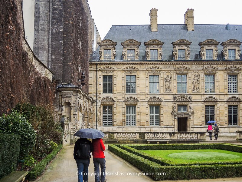 Hotel de Sens garden in the Marais on a rainy February morning