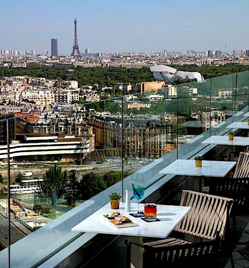 View from the bar at Melia Paris La Defense: Eiffel Tower, Bois de Bologne, Fondation Louis Vuitton