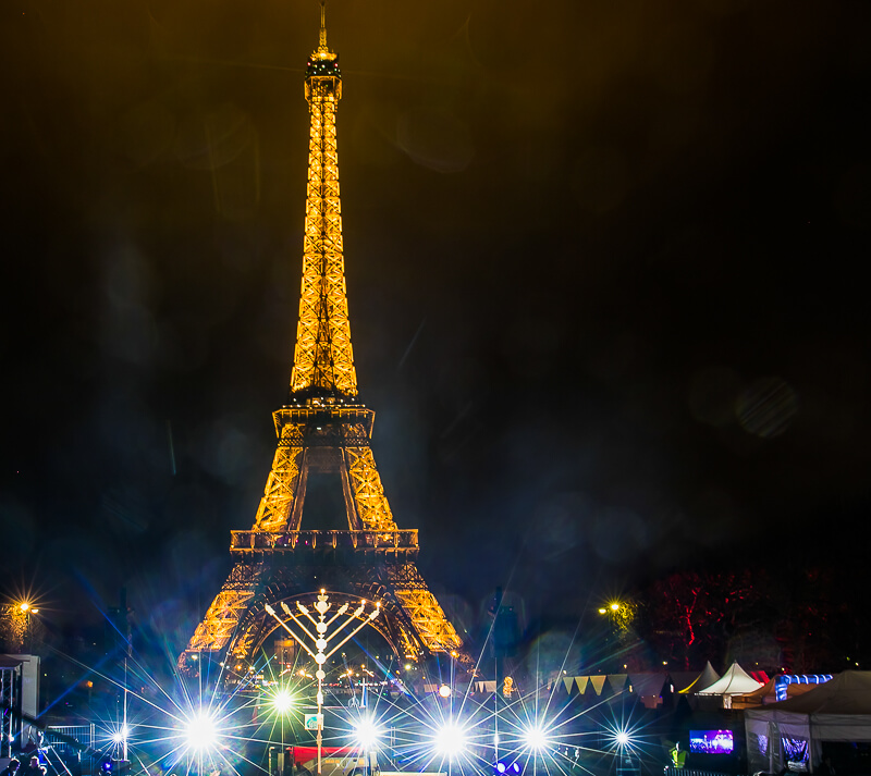 Close-up of the menorah at the Eiffel Tower 
Courtesy of Chabad Lubavitch - Photo credit: Thierry Guez / Chabad.org 