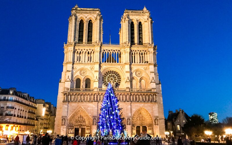 Lighted Christmas tree in front of Notre Dame Cathedral, Paris