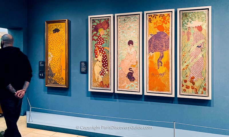 Musee d'Women in the Garden by Post-Impressionist Pierre Bonnard, who based this 1890-91 series of paintings on Japanese block prints, especially in his use of flat planes of color and patternsOrsay, from the ground floor up; the museum's entrance stairs are under the clock Women in the Garden by Post-Impressionist Pierre Bonnard, who based this 1890-91 series of paintings on Japanese block prints, especially in his use of flat planes of color and patterns