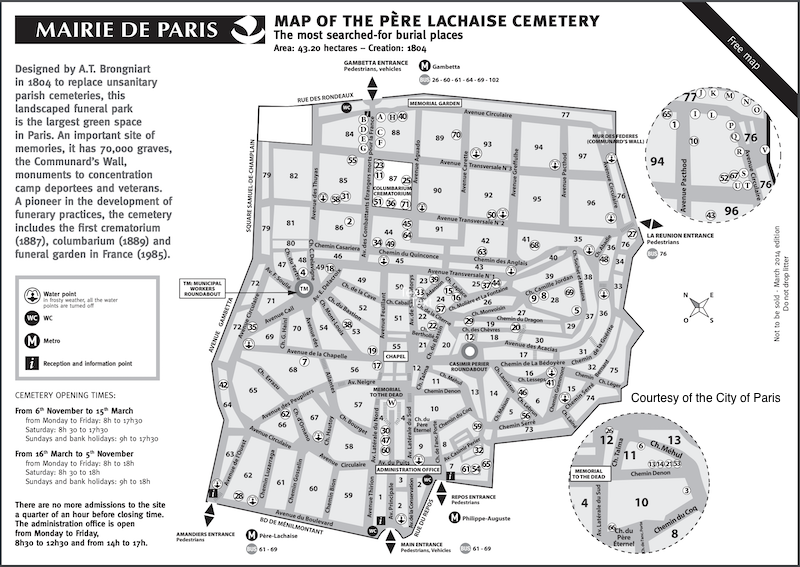 The official English language version of the Pere Lachaise Cemetery map, provided by the City of Paris