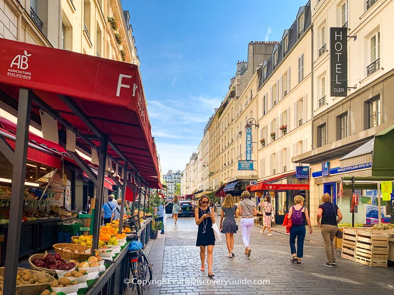 Rue Cler market street, home to Hotel Cler(upper right)