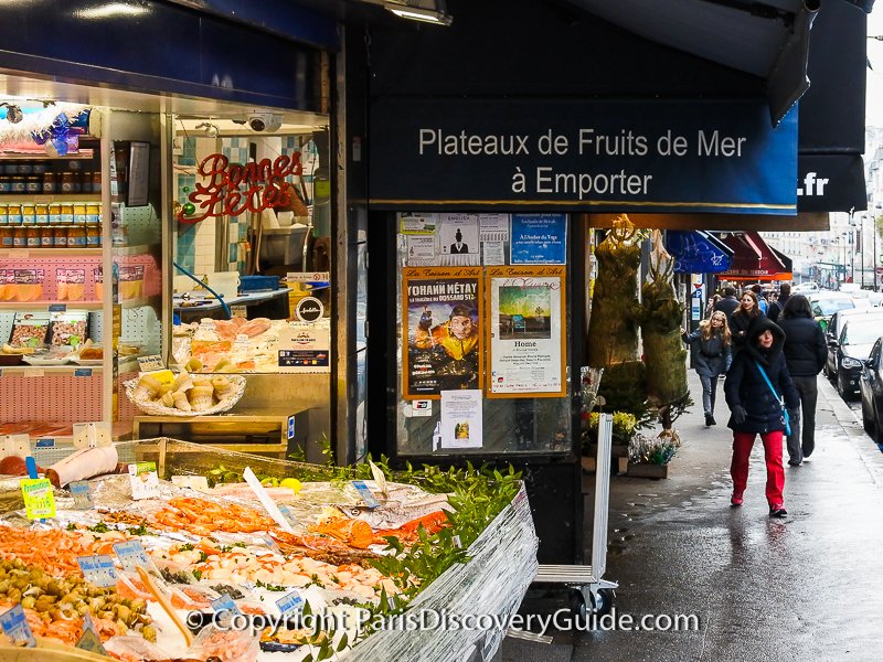 Scallops and other seafood at a market on Rue des Abbesses