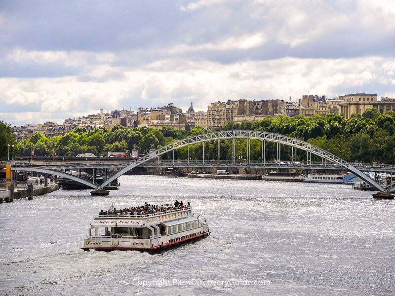 Skyline view of Paris's Right Bank and Passerelle Debilly (footbridge) over the Seine River