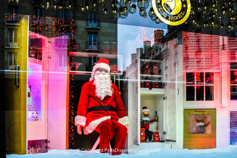 Christmas window display at Bon Marché in Paris's 7th arrondissement