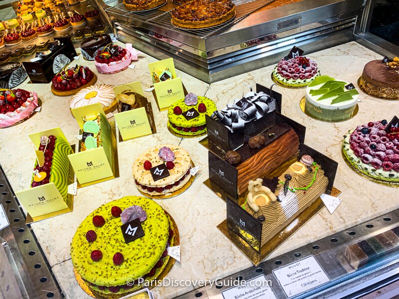 In this Parisian bakery, a large Bûche de Noël costs 45 euros (and serves about a dozen people), but you can buy a slice for just 7.50 euros