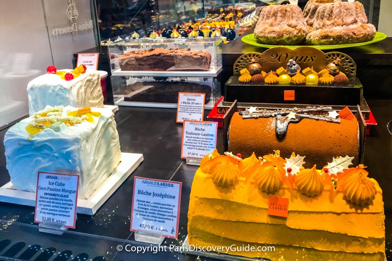 Bûche de Noël and other confections at Arnaud Larher Pâtissier Chocolatier on Rue de Seine in the Saint-Germain-des-Prés neighborhood