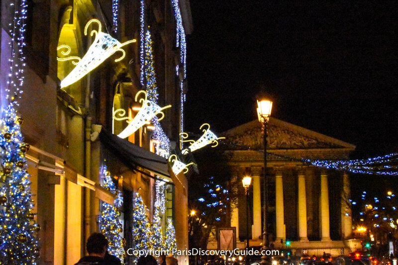 Christmas lights on Rue Royale and at Madeleine Church