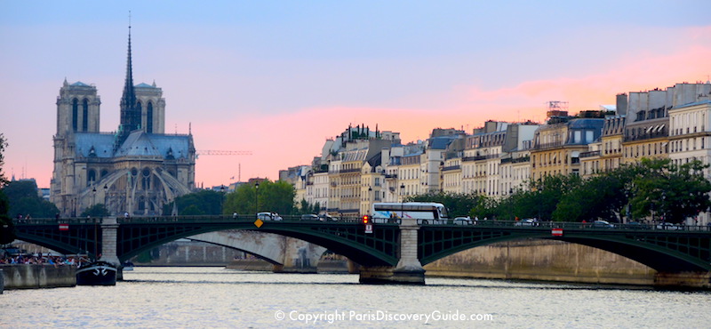 4th Arrondissement Paris landmark:  Notre Dame Cathedral, across from 17th and 18th century mansions on Île Saint-Louis