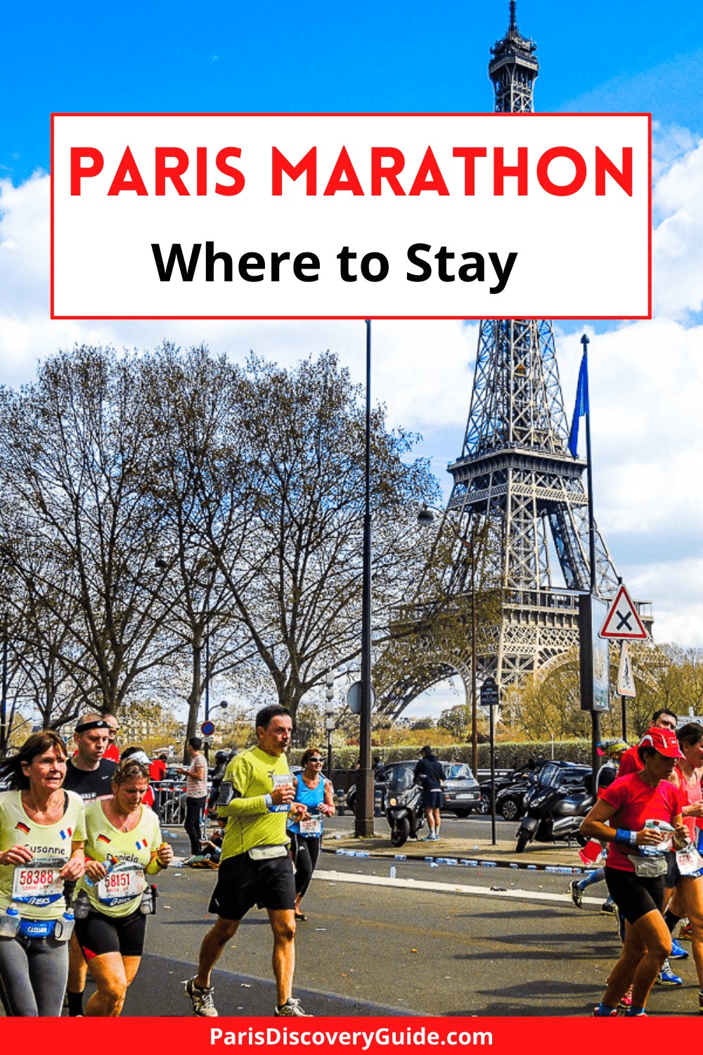 Paris Marathon runners passing the Eiffel Tower